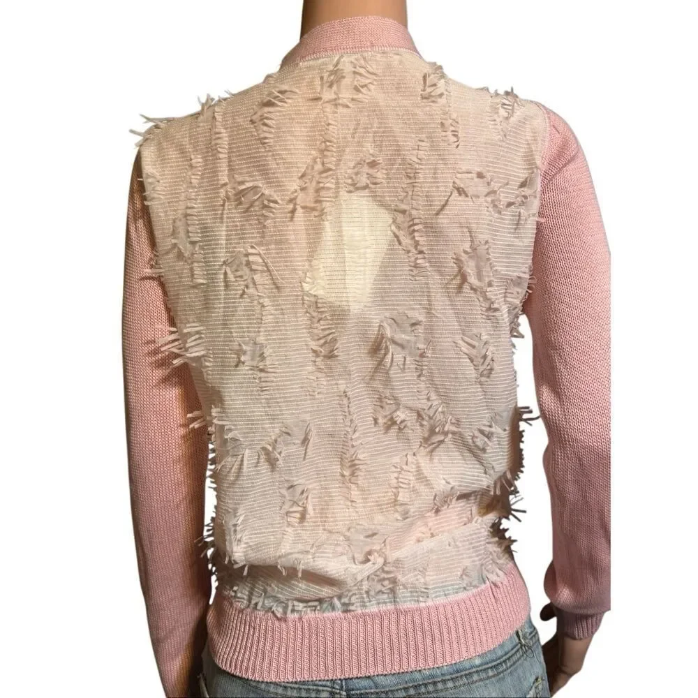 Julien David button-up long sleeve knit pink back fringe sweater S